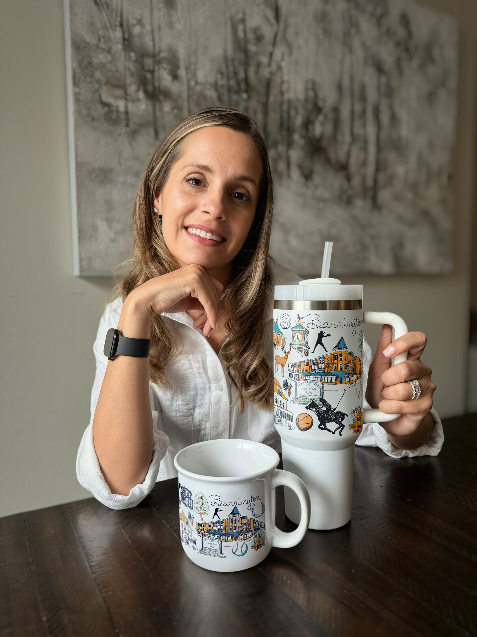 Ashley Ann holding The Barrington Mug and matching tumbler